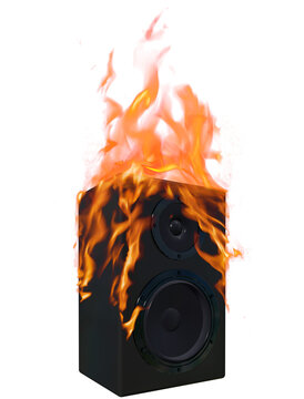 Stereo Speaker on fire, flames rising, transparent png