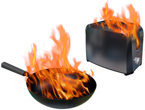 Cookware on fire, flames rising, transparent png