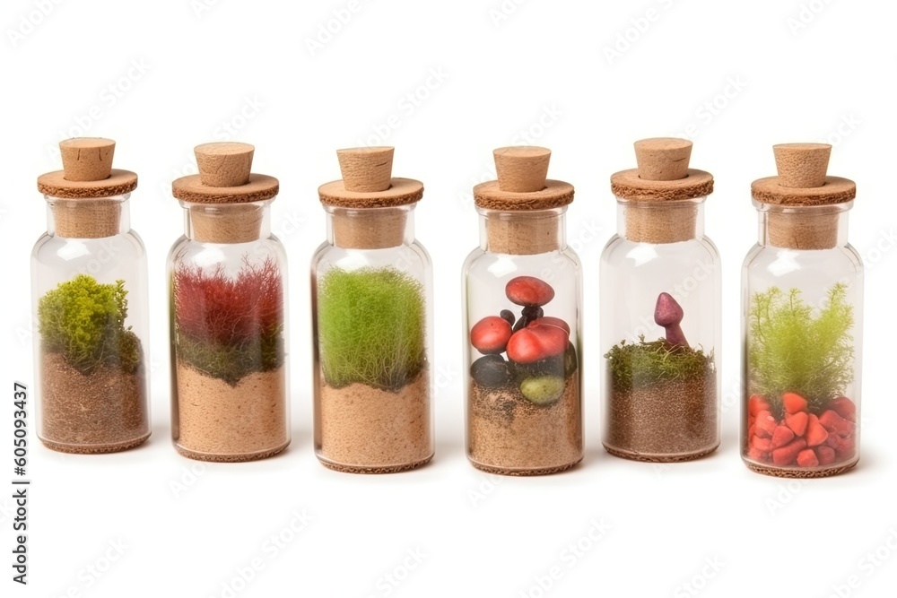 Poster row of glass bottles filled with various types of plants generative ai