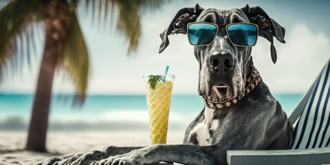 Great Dane dog is on summer vacation at seaside resort and relaxing rest on summer beach of Hawaii Generative AI - obrazy, fototapety, plakaty