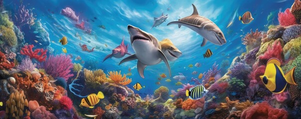 a colorful Coral reef, with a shark centerpiece and teaming with Sea life, Aquatic-themed, horizontal format, photorealistic illustrations in a JPG. 10:4 aspect.generative ai