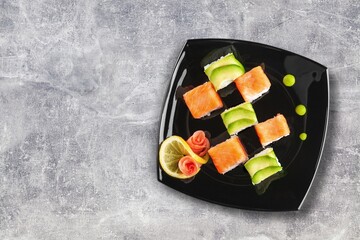 Fresh tasty sushi rolls set.