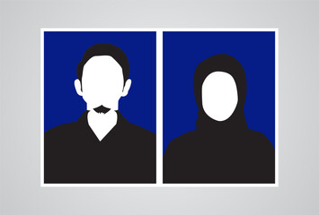 Fototapeta premium silhouette photo of muslim man and woman on blue background. photo illustration concept for registering marriage. in Indonesian it is called a photo gandeng