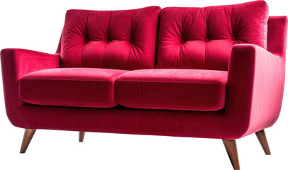 Red sofa on wooden legs isolated. Generative AI.