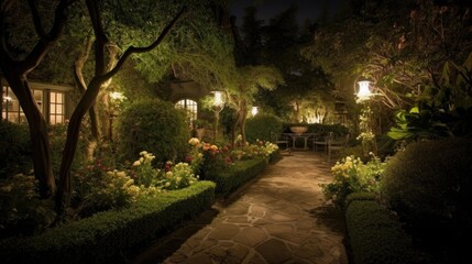 Obraz premium Garden at night with lighted lanterns and flowers in the foreground - made with Generative AI