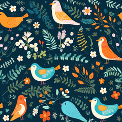 AI Generated. Whimsical Floral Pattern with Bird in Flat Style and Pastel Colors. Artistic and Delicate Illustration of Nature.