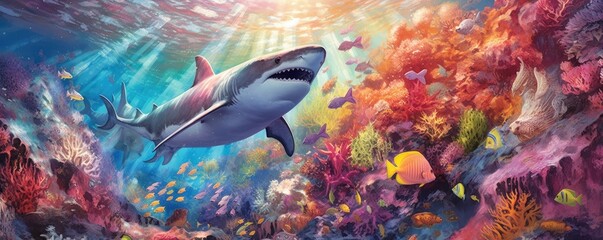  a colorful Coral reef, with a shark centerpiece and teaming with Sea life, Aquatic-themed, horizontal format, photorealistic illustrations in a JPG. 10:4 aspect. generative ai