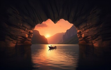Boat in a lake with a couple on the sunset in the background view through the heartshaped cave created with Generative AI technology