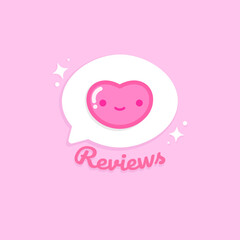 Kawaii reviews icon with heart on pink background for social media