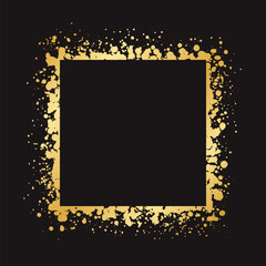 Abstract Square Gold Ink Splatter Frame. Golden foil spray border template.