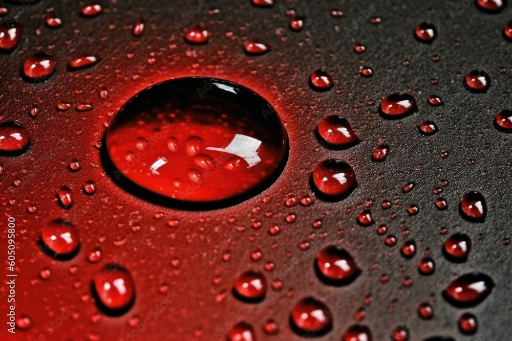 Poster water droplets on a black surface in macro view generative ai