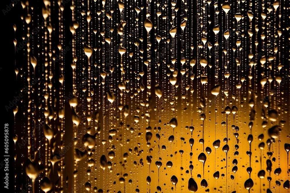 Poster rain drops on a window with warm yellow light in the background generative ai