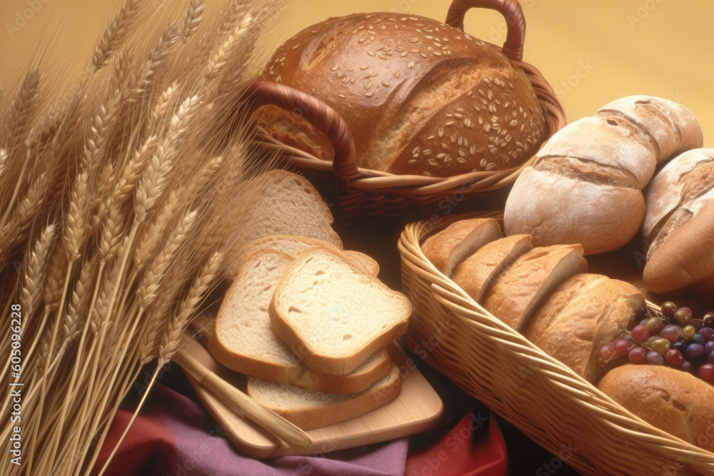 Aufkleber rustic bread basket accompanied by a bundle of wheat generative ai