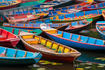 Fototapeta na wymiar Illustration of several fishermen's colorful boats, Generative AI image.
