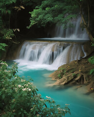 Illustration of Turquoise, Tropical water falls, AI generated image