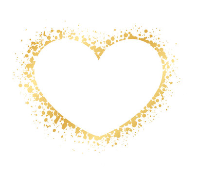 Abstract Heart Shaped Gold Ink Splatter Frame. Golden Valentines Day border template.