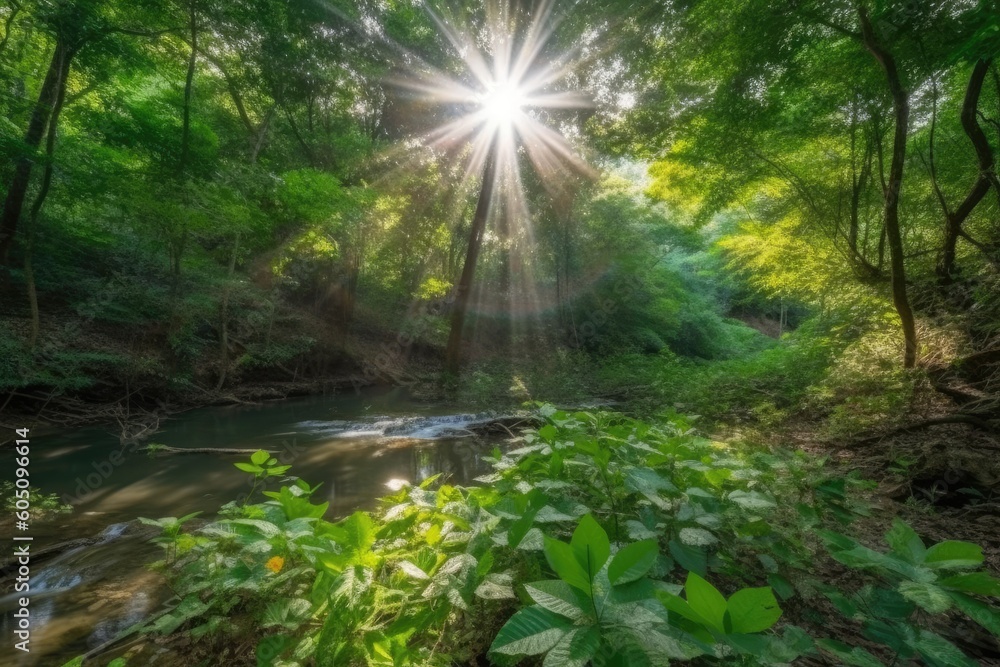 Poster sunlight filtering through the trees in a forest generative ai