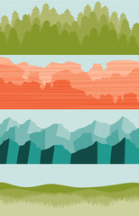 American landscape flat color header, footer, or decoration (mountain, forest, prairie and desert red rocks)