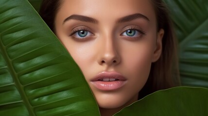 Gorgeous woman with greenery on her body and face. girl's face in closeup with a green leaf....