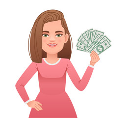 A young girl holds dollar bills in her hand. A beautiful woman with money in her hand. A happy businesswoman. Vector illustration