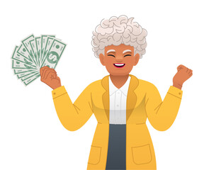 An old African woman holds dollar bills in her hand. A beautiful gray-haired elderly black woman with money in her hand. A happy businesswoman. 