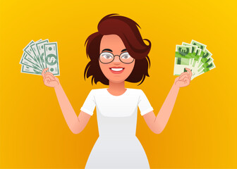 A young girl holds dollar bills in one hand and euros in the other. A beautiful woman with money in her hand. A happy businesswoman.