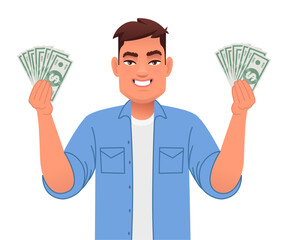A handsome man in a blue shirt and a white T-shirt with money in his hands. A young man is holding dollar bills in his hands. A happy businessman.