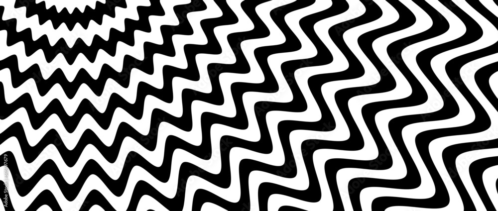 Wall mural spinning optical illusion background. black and white abstract wave lines surface. poster design. to