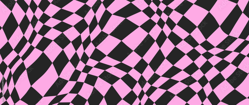 Poster Black and pink distorted checkerboard background. Retro emo psychedelic checkered wallpaper. Wavy chessboard surface. Trippy twisted geometric pattern. Abstract vector backdrop