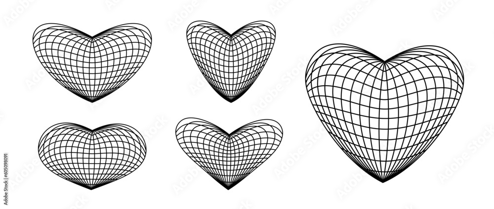 Poster wireframe heart shapes set. grid design element. love and romantic or cardiology concept for posters