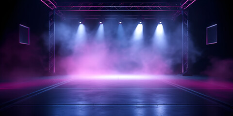  Wooden stage with blue smoke and spot lights Generated by AI - obrazy, fototapety, plakaty