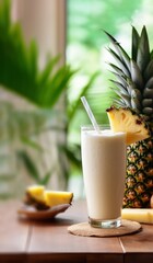 do it yourself Piña colada cocktail drink with a slice of pineapple in the kitchen created with Generative AI technology
