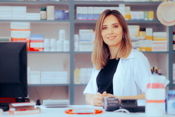 Happy Professional Pharmacist Smiling From behind the Counter. Pharmacy working staff greeting customers with joy