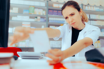Pharmacist Having Problems Reading Doctor Handwriting on a Prescription. Drugstore worker...