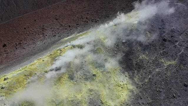 Smoking sulphur fumaroles at the crater rim, Gran Cratere, Vulcano Island, Lipari or Aeolian Islands, Sicily, Italy, Europe