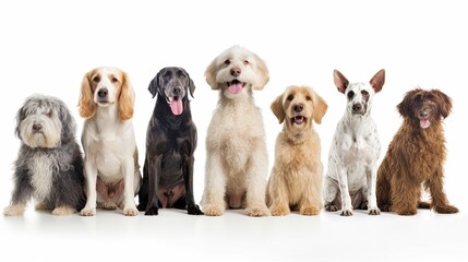 a group of various dog breeds, with happy dispositions, healthy-looking, best friend, Pet-themed, horizontal format, photorealistic illustrations in a JPG. 10:4 aspect. generative ai