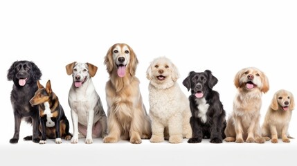 a group of various dog breeds, with happy dispositions, healthy-looking, best friend, Pet-themed, horizontal format, photorealistic illustrations in a JPG. 10:4 aspect. generative ai