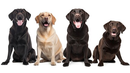 a group of Labrador retrievers, with happy dispositions, healthy-looking, best friend, Pet-themed, horizontal format, photorealistic illustrations in a JPG. 10:4 aspect. Generative AI