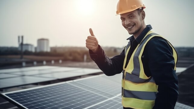 Engineer shows a thumbs up sign for showing good condition solar panels, green energy and sustainable power concept. Generative AI.