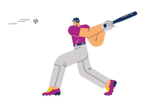 Confident smiling baseball player with bat flat style, vector illustration