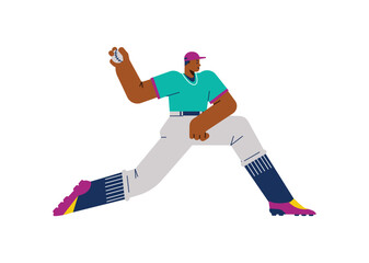 Obraz premium Baseball team player or pitcher throws ball, flat vector illustration isolated.