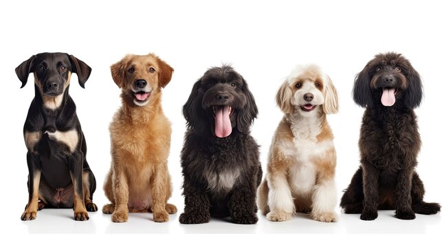 a group of various dog breeds, with happy dispositions, healthy-looking, best friend, Pet-themed, horizontal format, photorealistic illustrations in a JPG. 10:4 aspect. Generative AI
