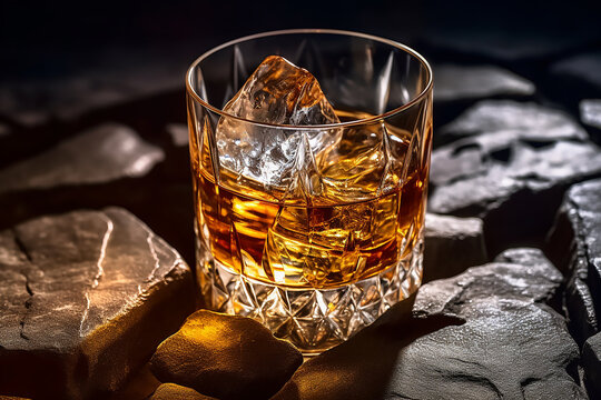 a glass of whiskey on the rocks
