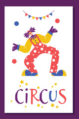 Poster or vertical banner with funny clown circus performer flat style