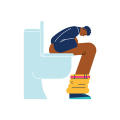 Man sitting on the toilet bowl, flat vector illustration isolated on white.