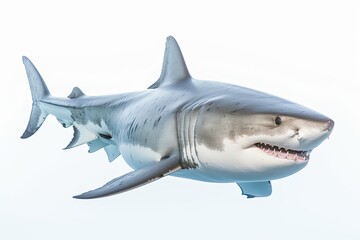 Fototapeta premium a Great White Shark, swimming, 3/4 view, Aquatic-themed, horizontal format, photorealistic illustrations on a transparent background cutout in PNG. Generative ai