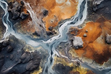 Aerial wide angle shot flying over beautiful natural river landscape at day using generative AI