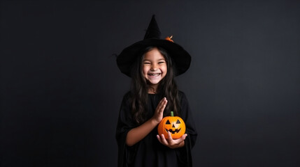 Happy Halloween! Cute little laughing girl in witch costume on black wall background. Generative ai
