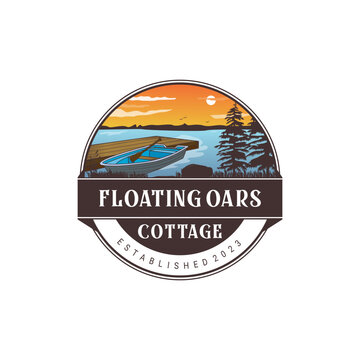 Logo emblem with illustration of a small boat on a lake in the evening