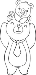 Cute father bear outline, adorable Daddy bear and happy baby bear cartoon animal outline doodle drawing
